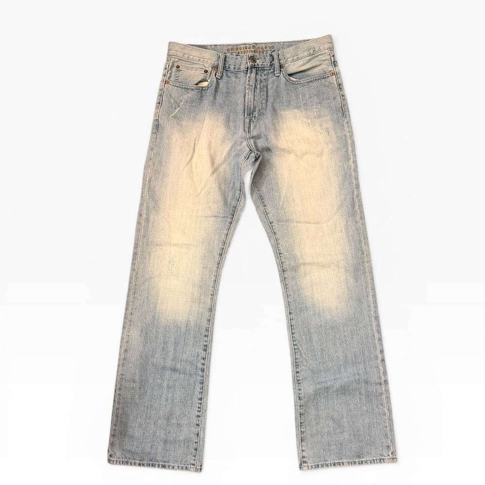 American Eagle Original Mens Bootcut Light Wash Distressed Denim Jeans 33x34 Y2K